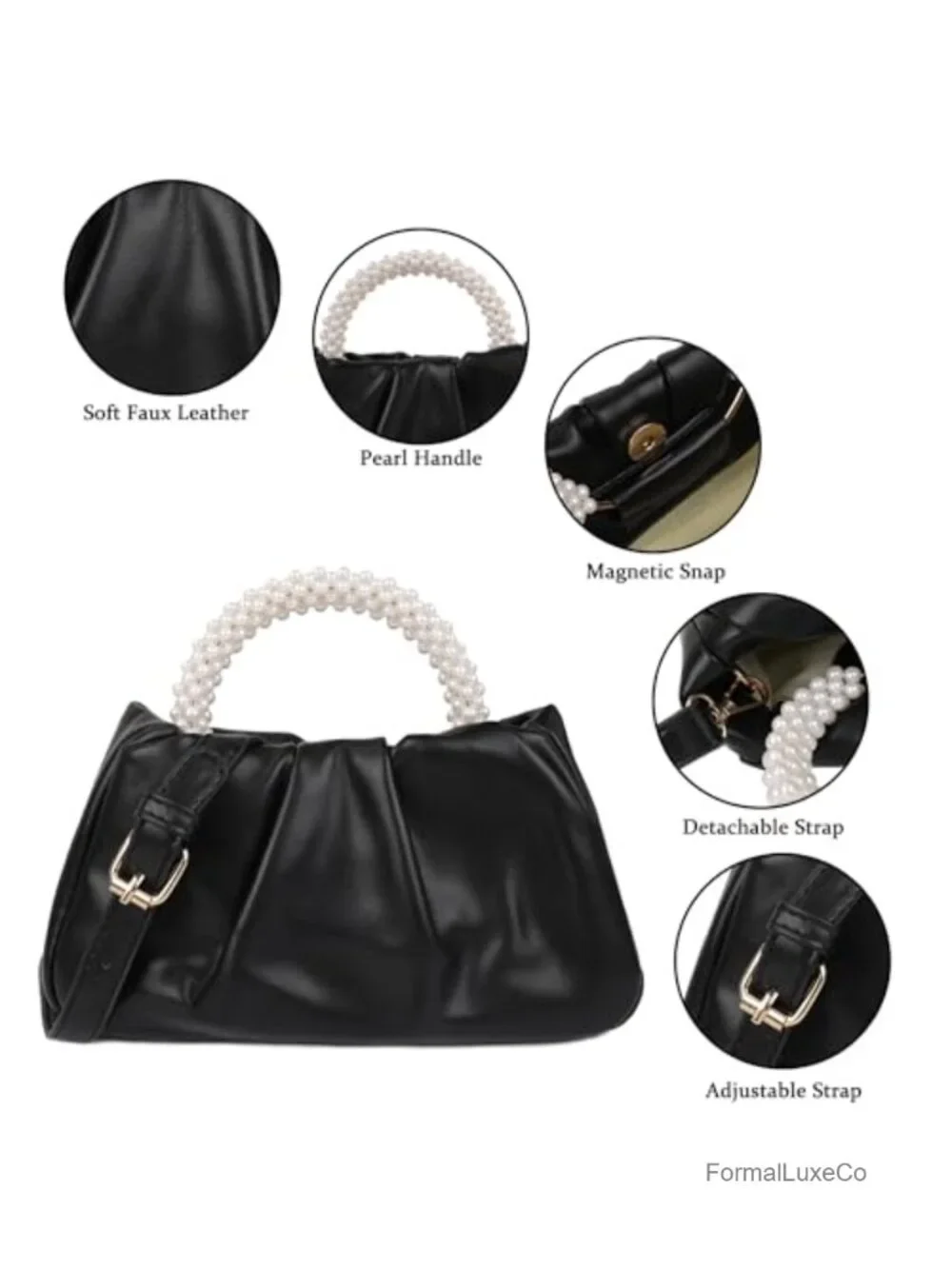Soft Leather Pleated Clutch Evening Bag Pearl Handle Bridal Wedding Purse